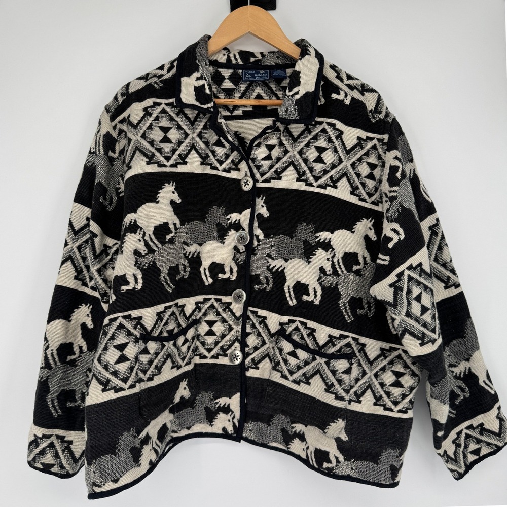 Vtg 90s Jane Ashley Tapestry Jacket 3X Cotton Horse Southwestern Western Aztec